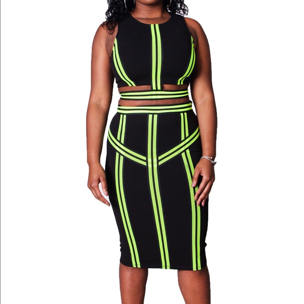 Lime Green and Black Skirt Set